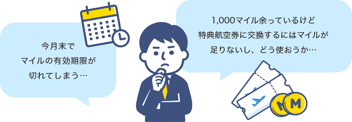 今月末でマイルの有効期限が切れてしまう… 1,000マイル余っているけど特典航空券に交換するにはマイルが足りないし、どう使おうか…